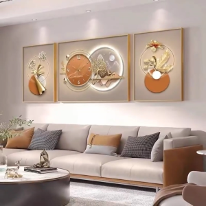 Modern casual luxury living room wall art with clock sofa background décor stylish 3-piece clock painting