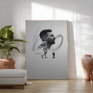 Bandai | A vintage-style poster of Argentine football superstar Lionel Messi suitable for home living room or bedroom decor.