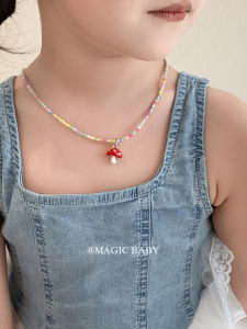 Summer Colorful Beaded Mushroom Necklace for Girls Cute Pink Heart Pendant Princess Accessory Childrens Jewelry