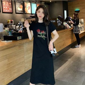 Loose Knee-Length Short-Sleeve T-Shirt Dress Womens Fashion Korean Style Printed A-Line Skirt round Neck Polyester Blend