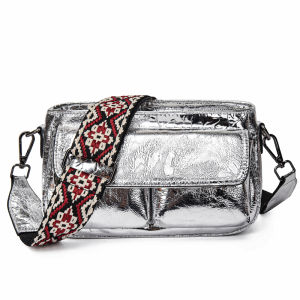 Trendy Metal Color Leather Shoulder Bag Womens Crossbody Bag Fashionable Wide Strap Single Shoulder Small Square Bag