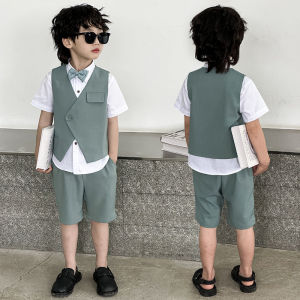 LOlanta ทักซิโด้แบบทางการสำหรับสูทสุภาพบุรุษเด็กวัยหัดเดินเสื้อกั๊กเสื้อยืดทักซิโด้ติดโบว์เครื่องแต่งกายชุดนักเรียนวันเกิดงานแต่งงานสำหรับเด็กวัยหัดเดิน4ชิ้น