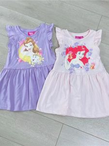 Princess Dress Childrens Cotton Short Sleeve Overhead Girls Mermaid Belle Princess Gown Casual Spring Autumn Cartoon Pattern