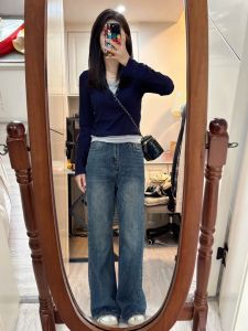 เสื้อยืดคอวีแขนยาวสไตล์ย้อนยุคสไตล์อเมริกันสำหรับผู้หญิง ทรงเข้ารูป แขนยาว ปกโปโล ทรงเข้ารูป ฤดูใบไม้ผลิและฤดูใบไม้ร่วง