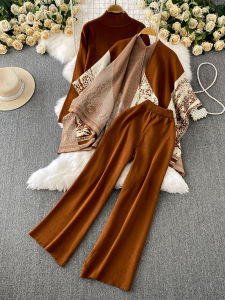 Bộ Ba Mảnh Áo Len Cổ Cao Dệt Kim Áo Khoác Len in Họa Tiết Quần Dài Cạp Cao Quần Dài Áo Chui Đầu Thời Trang Mùa Hè