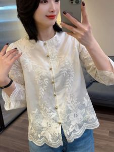Slimming Elegant Age-Reducing Chinese Style Embroidered Lace Long Sleeve Shirt