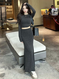 Fall 2024 Korean Style Slimming Long Sleeve Top High Waist Bodycon Skirt Two Piece Set Women Fashionable Elegant Style
