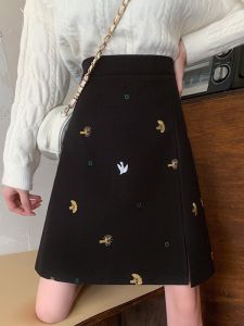 plus Size Embroidered Asymmetrical High Waist Midi Skirt for Women Slit Design Slimming A-Line Skirt Spring Autumn Fashion