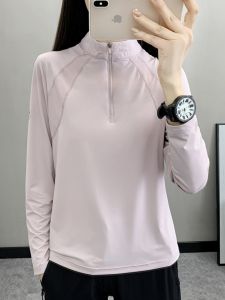 เสื้อยืดแขนยาวผ้าไหมน้ำแข็งแห้งเร็วสำหรับผู้หญิง ออกกำลังกายกลางแจ้ง วิ่ง ปีนเขา ท่องเที่ยว ระบายอากาศได้ดี น้ำหนักเบา โพลีเอสเตอร์