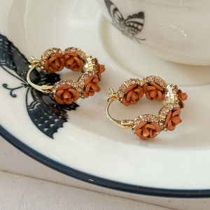 French Luxurious Vintage Coffee Rose Flower Hoops Earrings Womens Fashion Jewelry Unique Exaggerated Ear Cuffs Alloy Plated
