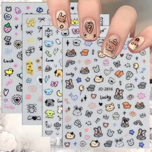 2 to 20 Sheets Cute Cartoon Animal Nail Art Stickers Kawaii Doodle Bear Cat Bunny Decals for DIY Nails Adhesive Manicure Decor