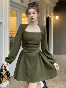 Slightly Oversized Girls French Style Square Collar Long Sleeve Dress Spring & Fall Plus Size Womens Clothing Retro Waist-Controlled Slim Looking Tea Break A- line Skirt