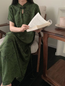 ชุดนอนผู้หญิงแขนสั้นผ้าไหมคอตตอนสไตล์จีนใหม่ ชุดนอนฤดูร้อน ชุดเดรสยาวปานกลาง ชุดนอนผู้หญิง ชุดนอนผ้าไหมคอตตอน