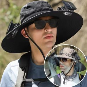 Adjustable Outdoor Sun Hat With 2 Fan Large Brim Windproof Solar USB Charging Anti UV Sun Outdoor Fishing Cap