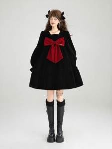KEIKO | Ballet-style Bow Decor Velvet Evening Dress Black