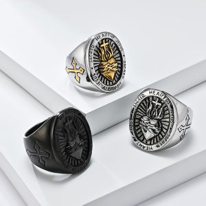 Kemstone Cross Ring Mens Stainless Steel Heart Cross Rings Gold Plated Jewelry