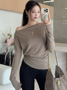 plus Size Knitted Long Sleeve Irregular One Shoulder Waist Cinched Top Womens Base Shirt Early Autumn Casual Style Fashion