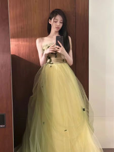 ชุดราตรีสีเขียว ชุดราตรีสไตล์นางฟ้า ชุดกระโปรงทรงเอ แขนกุด เอวกลาง ชุดราตรีสุดหรูสำหรับผู้หญิง