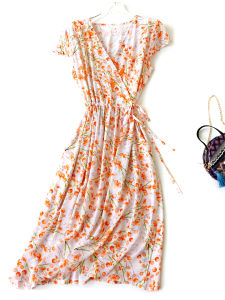 Elegant ลายผ้าไหมผ้าฝ้ายแฟชั่นชุดผู้หญิงฤดูร้อนสไตล์จีนแขนสั้นและกระโปรงกระเป๋าเอวยางยืด