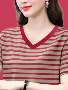QIAOXIZI | Plus Size Slimming Short Sleeve T-shirt with V-neck and Stripe Pattern