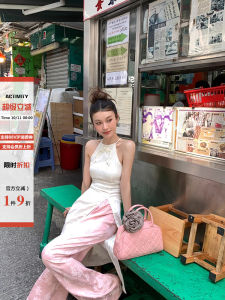 Dula Good Home New Chinese Style Traditional Jacquard Halterneck Vest Womens Summer Silm Front Slit Mid Length Long Length Tops