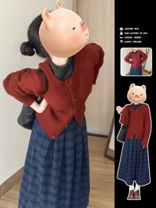 Red Korean Style Sweater Set Dress Womens Fashion Long Skirt Autumn Winter High End Feeling New 2025 Year End Celebration Wear