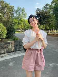 กางเกงขาสั้นทรงเอเอวสูงสีชมพูสไตล์ญี่ปุ่นสำหรับผู้หญิง กางเกงขาสั้นลำลองสำหรับใส่กลางแจ้งในช่วงฤดูร้อน กางเกงขายาวทรงหลวมสำหรับผู้หญิง