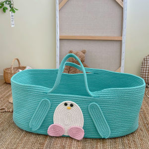 Cotton Rope Woven Baby Moses Basket With Handle Baby Diaper Changing Portable Bed Cartoon Penguin Hand Basket