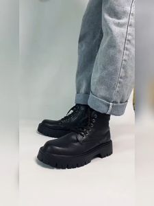 SOVOB New Mens Korean Ankle Boots School Black Leather Shoes Mid Top Thick Sole Fashion Chelsea Boots