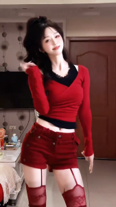 red fitted top for women korean style off shoulder t shirt with long sleeve aesthetic plus size tops