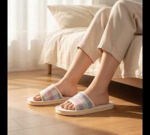 House Slippers For Women Fashion Checkered Slippers Breathable Flax Open‑Toe Slipper Non‑Slip Lightweight Indoor Bedroom Slipper
