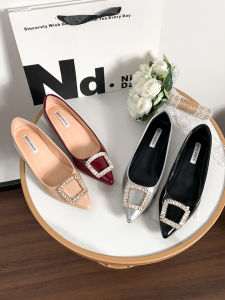 French Style Pointed Toe Flat Shoes with Invisible Heightening Inner Design Diamond Embellished Womens Fashion Slip-On Shoes for Daily Use