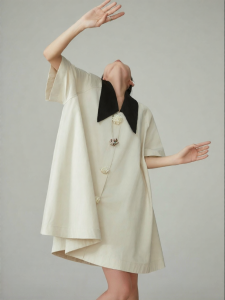 XIAODADEHUA | Retro Color Contrast Turn-Down Collar Loose Fit Shirt Dress