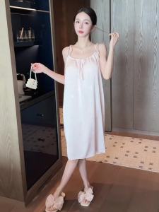 High-grade Women Nightdres with Padded Pads Summer Soft Satin Butterfly Jacquard Suspenders Nightgown Loose Medium Long Sleep Wear Dress