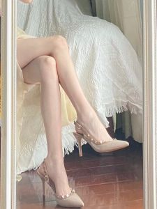 2024 ฤดูใบไม้ผลิ ฤดูร้อน ใหม่รองเท้าส้นสูงเล็บด้านข้างชี้ ผู้หญิง สิทธิบัตรส้นบาง หนัง สีนู้ด รองเท้าแตะสีเท่รองเท้าเดียว