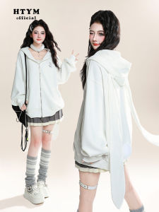 HTYM White Rabbit Ear Hoodie Jacket Womens Autumn Cardigan Unique Design Sweet Style Long Sleeve Fleece Lined Coat