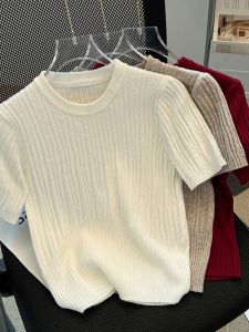 Áo Thun Dệt Kim Cổ Tròn Tay Ngắn Mùa Hè Cho Nữ Áo Thun Công Sở Đơn Giản Ôm Vừa Vặn Mặc Thường Ngày Chất Liệu Cotton Pha Trộn