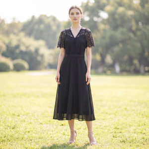 Lace Insert V-Neck Slimming Dress