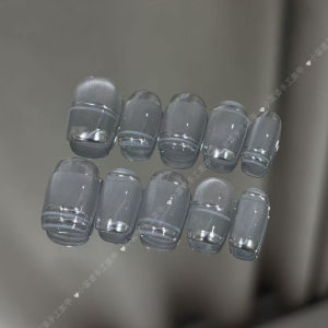 Ice Transparent Cat Eye Magic Mirror Short Handmade Wearable Nail Tips French Style Versatile Powder Finish Art Nails