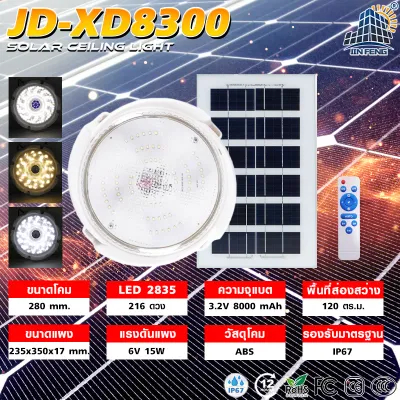 JD ไฟโซล่าเซลล์ โคมไฟเพดาน3สี โคมไฟผนัง โซล่าเซลล์ ไฟโซล่าเซล ไฟเพดานบ้าน led Solar Ceiling Light โคมไฟติดเพดาน ไฟติดห้องนอน โคมไฟโซล่าร์เซลล์