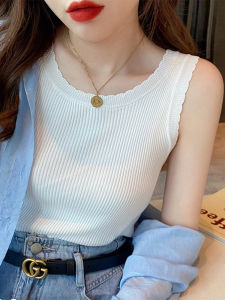 เสื้อกั๊กแขนกุดผ้าไหมน้ำแข็งสีขาวสำหรับผู้หญิง 2025 ฤดูร้อนใหม่ เสื้อชั้นในแบบสวมคอวี ทรงสลิมฟิต ชุดเสื้อสเวตเตอร์ ชุดชั้นใน