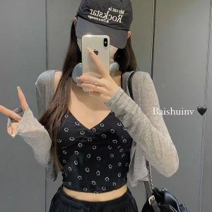 เสื้อกั๊กสายเดี่ยวคอวีเปิดหลังสำหรับผู้หญิงในช่วงฤดูร้อนปี 2024 ดีไซน์หลวมๆ ดีไซน์หัวใจ แขนสั้น ผ้าฝ้ายผสมโพลีเอสเตอร์