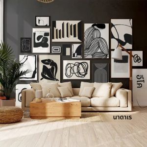 สแกนดิเนเวียน Minimalist Wall Art โมเดิร์นสีดําและสีขาวบทคัดย่อภาพวาดสีน้ํามันโปสเตอร์พิมพ์หน้าแรกห้องนอนห้องนั่งเล่นตกแต่ง