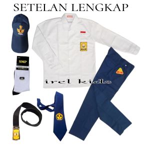 SETELAN SERAGAM SEKOLAH SMP LAKI-LAKI BIRU PUTIH BAJU PANJANG CELANA PANJANG LENGKAP