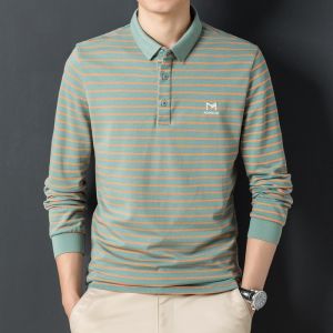 ROMON | Lormen Mens Long Sleeve Polo Shirt Casual Striped With Collar T-shirt Business Casual Top Spring Autumn New Style For Younger