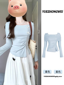 Blue French Butterfly Knot One Shoulder Knitted Sweater Womens Early Autumn New Style Side Split Exposure Shoulder Chic Top