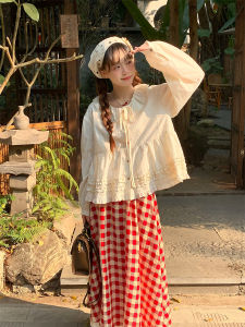 SinsinGirl Early Autumn Long Sleeve Embroidered Shirt Set with Red Plaid Mini Skirt Womens Fashion Ensemble Spring 2025