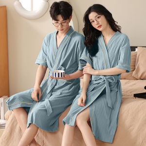 Pure Cotton Lightweight Sleep Robe for Women Couples Spring Summer Mid-Length Home Clothes Thin Coat Large Size