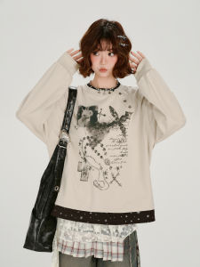 American Retro Printed Illusion Two-Piece Long Sleeve T-Shirt Womens Spring Designer Loose Top