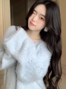 White Long Sleeve V-Neck Knitted Sweater Anti-Mink Fur Mid-Length Loose Fit Womens Top Comfortable Lazy Style Commute Fashion